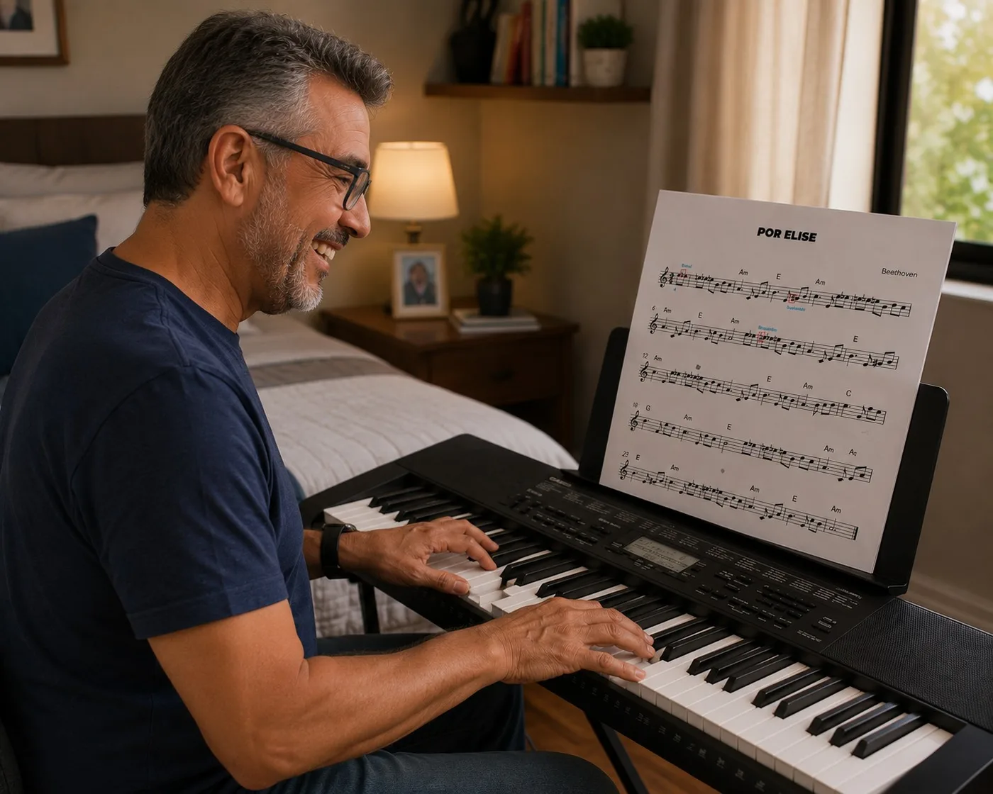 Aluno tocando teclado com partitura