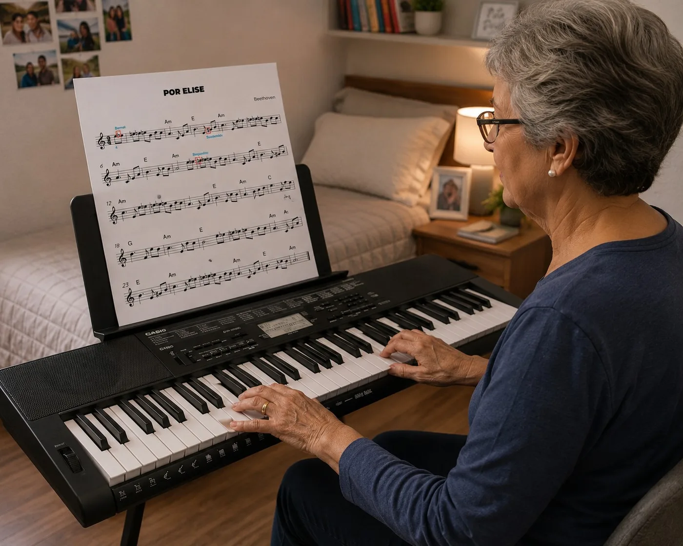 Aluna tocando teclado com uma partitura
