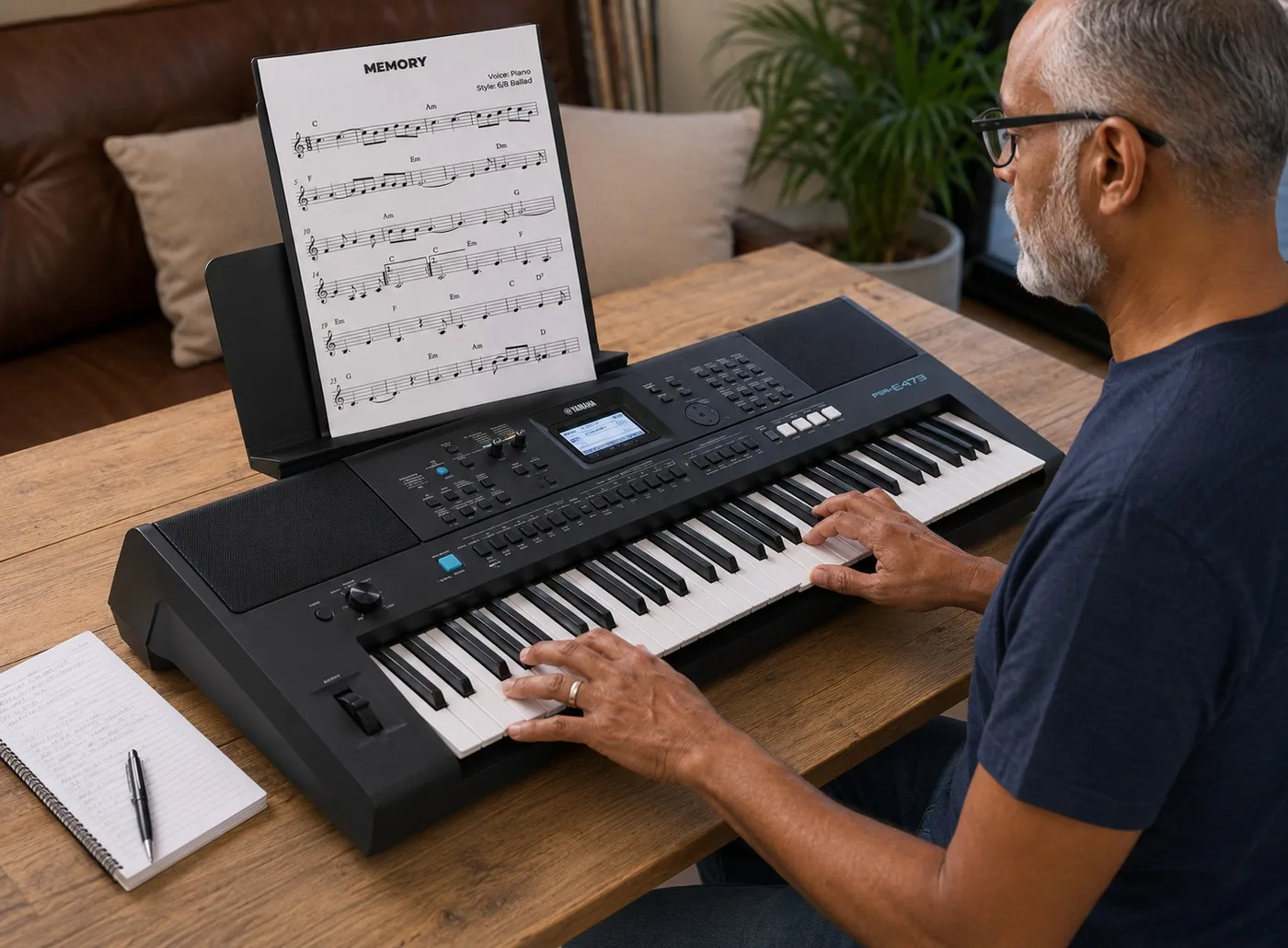 Aluno programando e tocando um teclado Yamaha